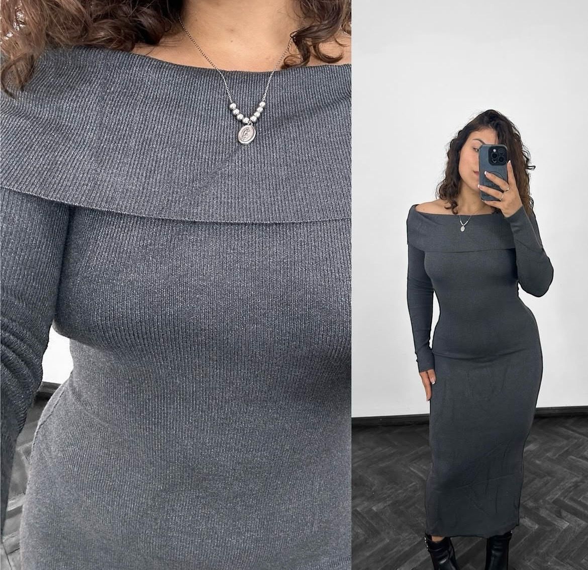 Vestido polera largo en tela morley con cuello ancho