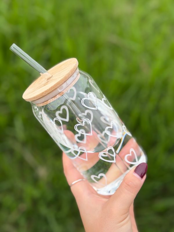 Vaso de vidrio con tapa y sorbo ( $90 c/u minimo pack de 12)