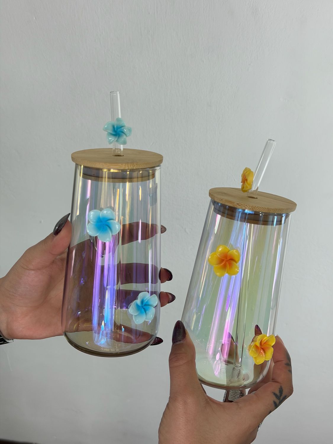 Vaso de vidrio con tapa de madera y pajita, 15.5*7cm, 4 colores