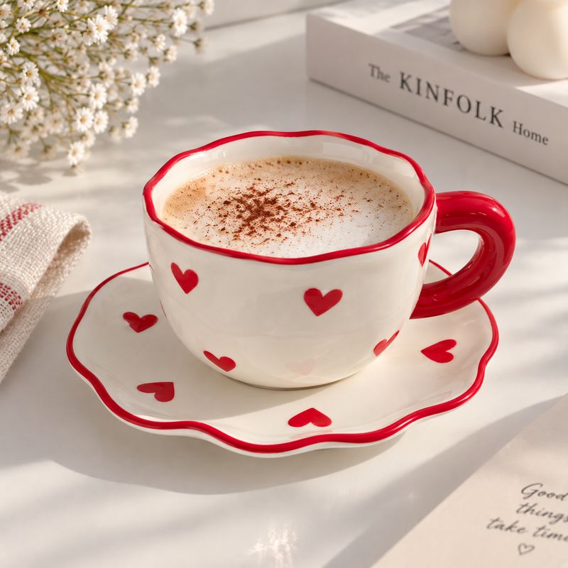 Taza de ceramica con plato corazon