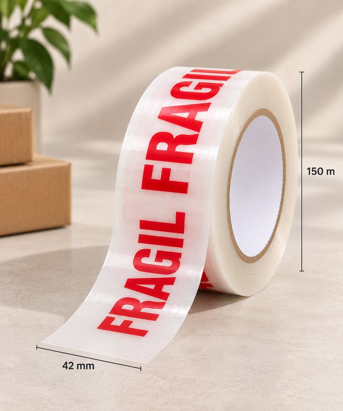 Cinta de empaque fragil de 42mm x 150m por mayor ($135 c/u caja minima de 36 unidades)