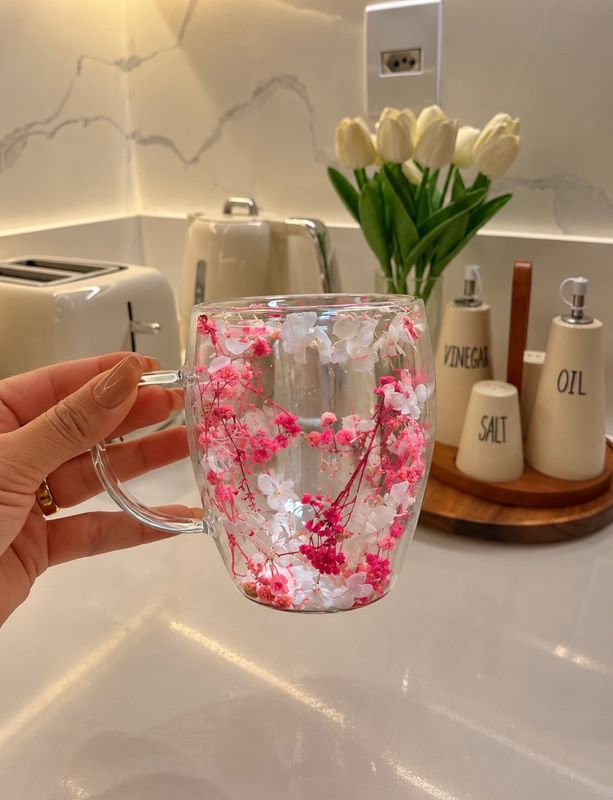 Taza de vidrio de doble capa con flores secas Taza de vidrio de doble capa con flores secas