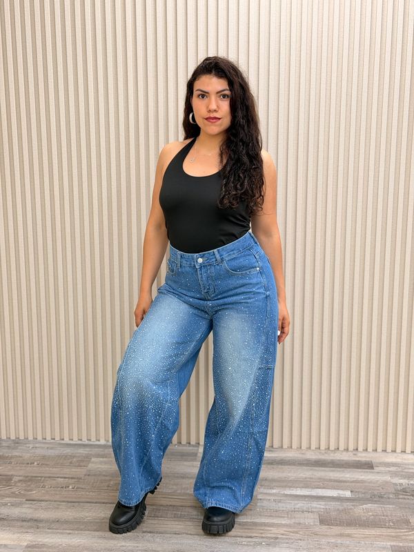 Jeans baggy con degrade y brillitos