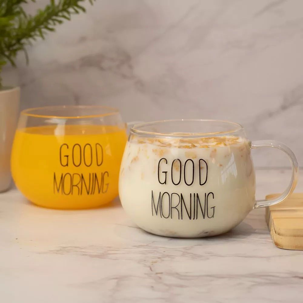 Taza de vidrio good morning por mayor ($90 c/u paquete de 12 unidades)