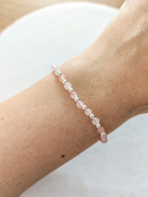 Rose Quartz and Sterling Silver Mix Stretch Cord Bracelet