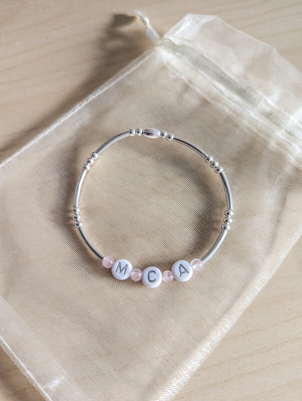 Initial Rose Quartz and Sterling Silver Stretch Cord Bracelet