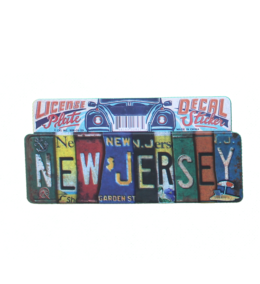 A sticker that says New Jersey with letters from various NJ license plate designs sold at the Jenkinson&#39;s Boardwalk online store