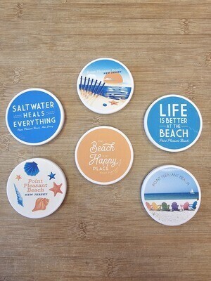 Six ceramic coasters in a blue, orange, peach and white color palette with various beach phrases and imagery, including &quot;Saltwater Heals Everything&quot; and &quot;Life is Better at the Beach.&quot;  Each says Point Pleasant Beach. 