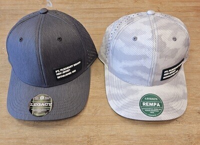 A Legacy brand Rempa hat with small cutouts and a Point Pleasant Beach rubber patch. Grey and Camo versions shown