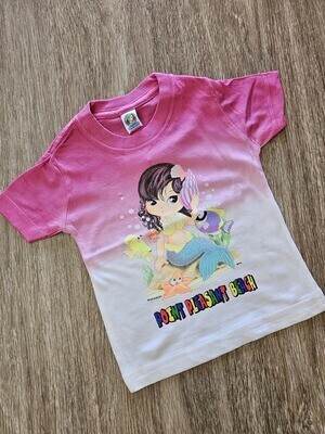 Pink and white infant t shirt with a cartoon mermaid holding a seashell surrounded by fish and a starfish 
