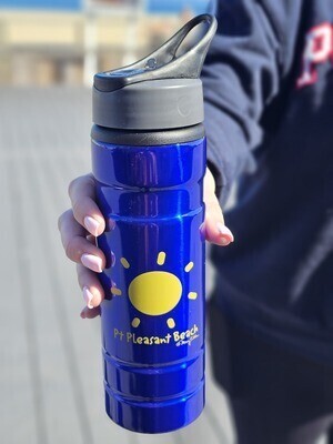A blue reusable water bottle with a bright yellow sun design and the text &quot;Pt Pleasant Beach&quot; printed on it, held by a person wearing a dark hoodie outdoors.