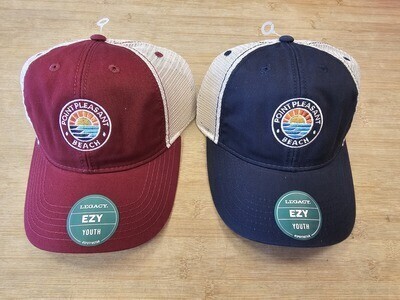 Two Legacy brand youth hats with mesh backs, one in burgundy and one in navy, each featuring a colorful embroidered &quot;Point Pleasant Beach&quot; patch
