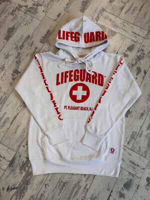 White Lifeguard Point Pleasant Beach hooded sweatshirt with red writing