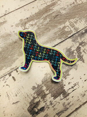 Sticker - black dog with a multicolor pattern on anchors and a yellow outline