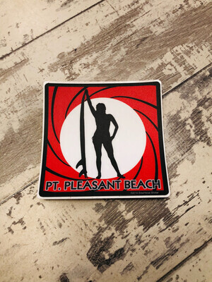 James Bond 007-inspired surfer sticker in red, black and white