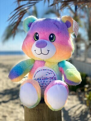 Jenkinson&#39;s Boardwalk rainbow plush bear sitting on the beach