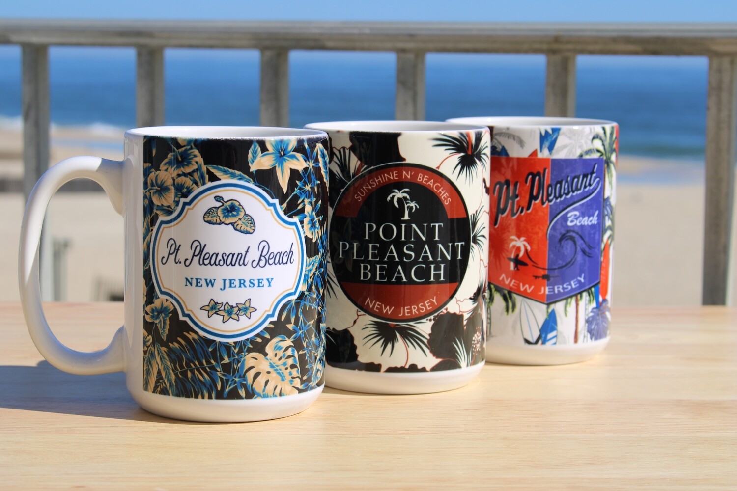 Vintage style Point Pleasant Beach 15oz coffee mugs in Tropical, Surf N Palms and Vintage Hawaiian patterns
