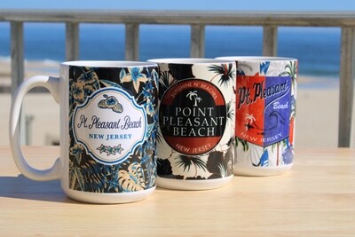 Vintage style Point Pleasant Beach 15oz coffee mugs in Tropical, Surf N Palms and Vintage Hawaiian patterns
