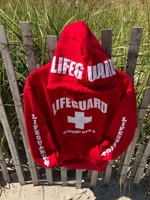 Red iconic officially licensed Lifeguard hooded sweatshirt with Point Pleasant Beach on it