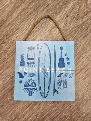 A square light blue wood sign that says Point Beach and includes dark blue sketches of summer and beach-related items, including a surfboard, skateboard, bikini, flip flops, shark fins, seashells, pineapple and an acoustic guitar