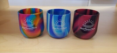 Three Silicone wine glass by Silipint with white sun designs that say Point Pleasant Beach that are sold through Jenkinson&#39;s Boardwalk&#39;s online store