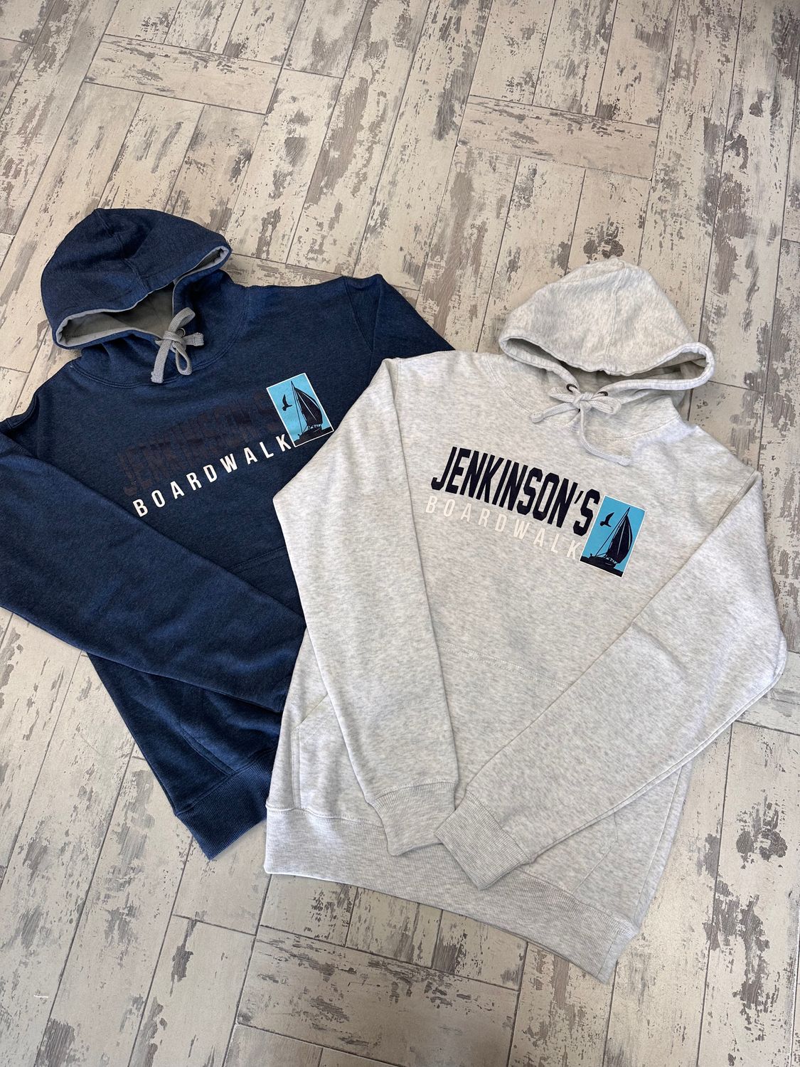 Jenkinson&#39;s Boardwalk sailboat hooded sweatshirt in navy and oatmeal