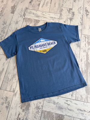 A blue youth t-shirt featuring a vintage-style diamond-shaped logo with the text &quot;Pt. Pleasant Beach, New Jersey&quot; and &quot;1886,&quot; designed in shades of white, yellow, and blue.