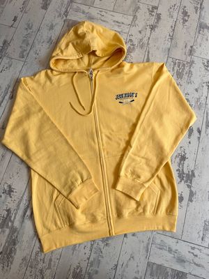 A zip-up yellow hooded sweatshirt with Jenkinson&#39;s Boardwalk PPB (Point Pleasant Beach) and crossed oars on one side 