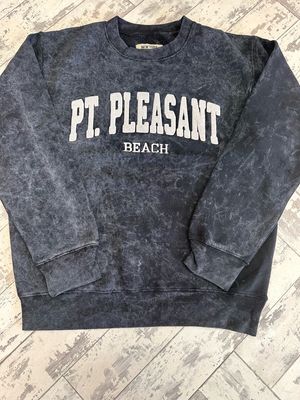 Acid wash-style Point Pleasant Beach sweatshirt with white lettering sold by Jenkinson&#39;s Boardwalk through its online store