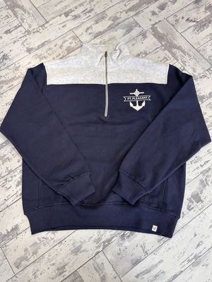 A navy quarter-zip pullover with a light gray top section, featuring an embroidered anchor and &quot;Point Pleasant&quot; text.