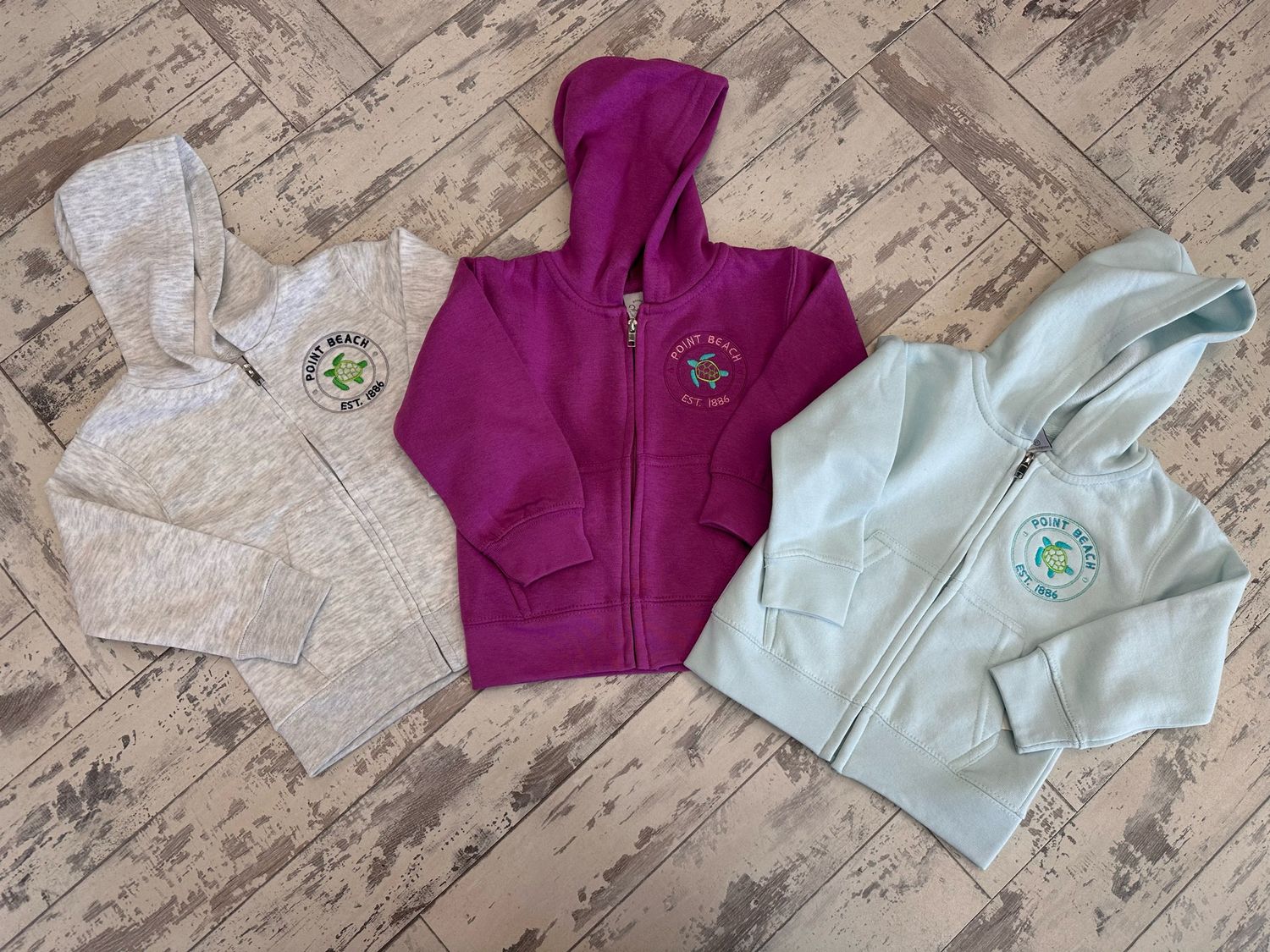 The three versions of a hooded sweatshirt for toddlers with an embroidered turtle and the words Point Beach on it