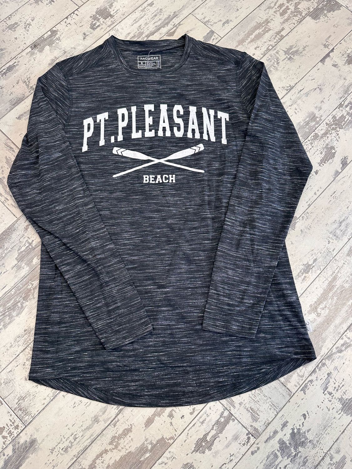 Marble-style Point Pleasant Beach long sleeve tee, black with white writing