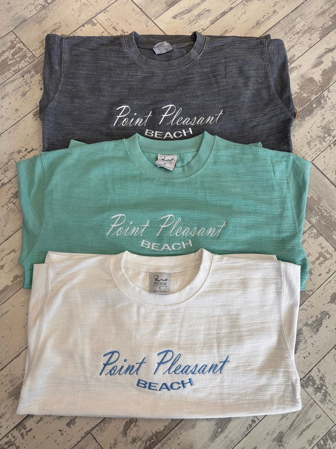 Terry crewneck Point Pleasant Beach sweatshirt in White, Seafoam, and Charcoal
