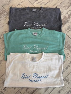 Terry crewneck Point Pleasant Beach sweatshirt in White, Seafoam, and Charcoal