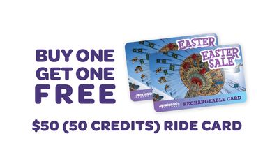 Buy One Get One Free $50 Ride Card Deal Jenkinson's Boardwalk Easter Sale 2025: For every $50 Ride Card that you purchase, you will receive one free.