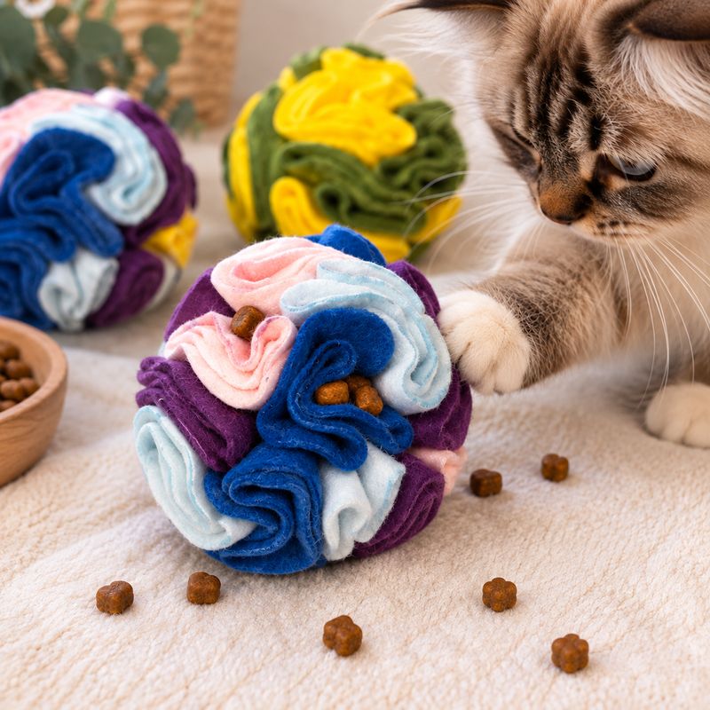 Chat recherchant des croquettes dans une balle de fouille en feutrine