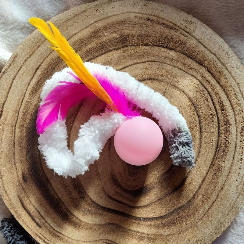 Balle sensorielle pour chat avec plumes colorées et tissu doux