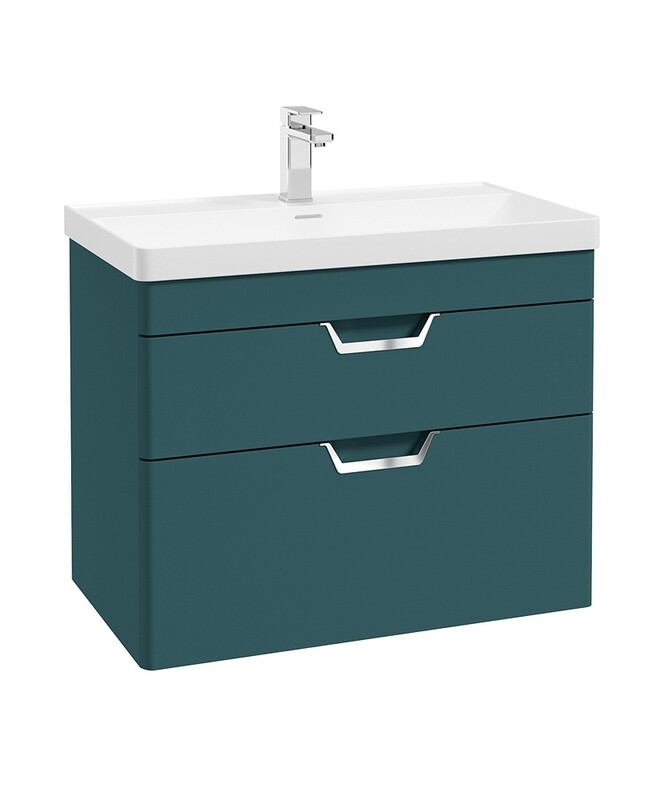 SONAS Freya 80cm 2 Drawer Wall Hung Vanity Unit Ocean Blue Matt - Brushed Chrome Hardware