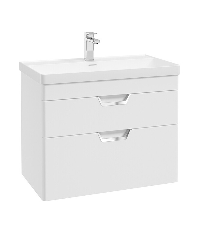 SONAS Freya 80cm 2 Drawer Wall Hung Vanity Unit White Matt- Brushed Chrome Hardware