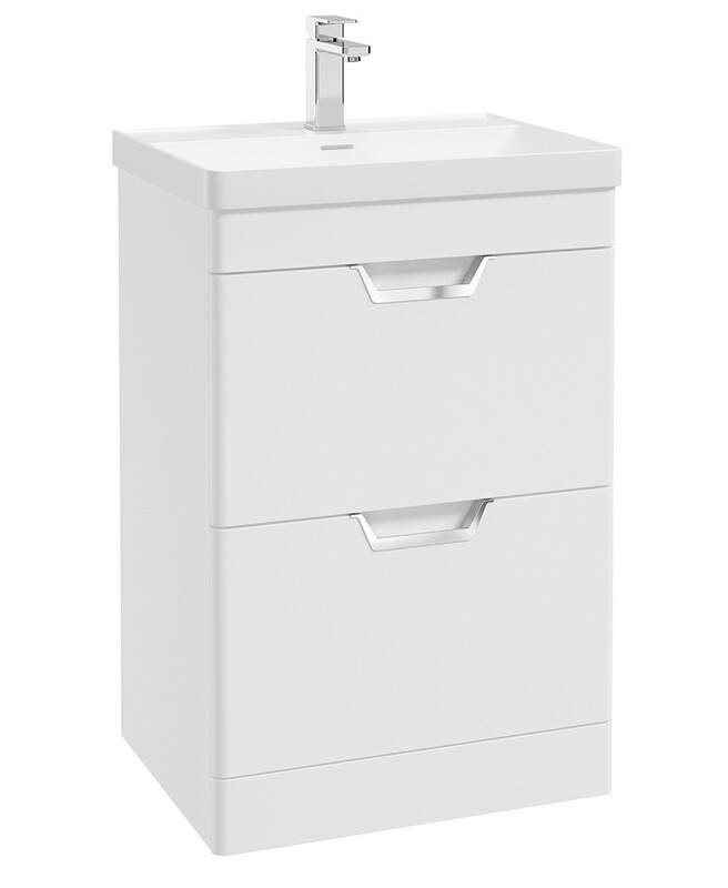SONAS Freya 60cm 2 Drawer Floor Standing Vanity Unit White Matt- Brushed Chrome Hardware