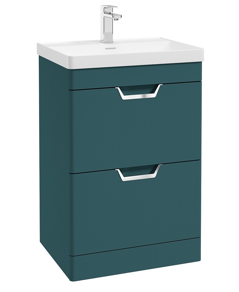 SONAS Freya 60cm 2 Drawer Floor Standing Vanity Unit Ocean Blue Matt- Brushed Chrome Hardware