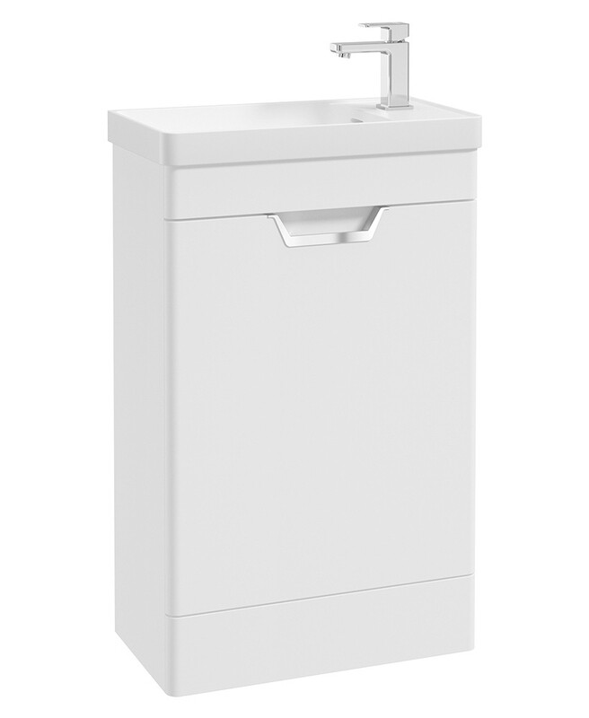 SONAS Freya 55cm Floor Standing Cloakroom Vanity Unit White Matt - Brushed Chrome Hardware