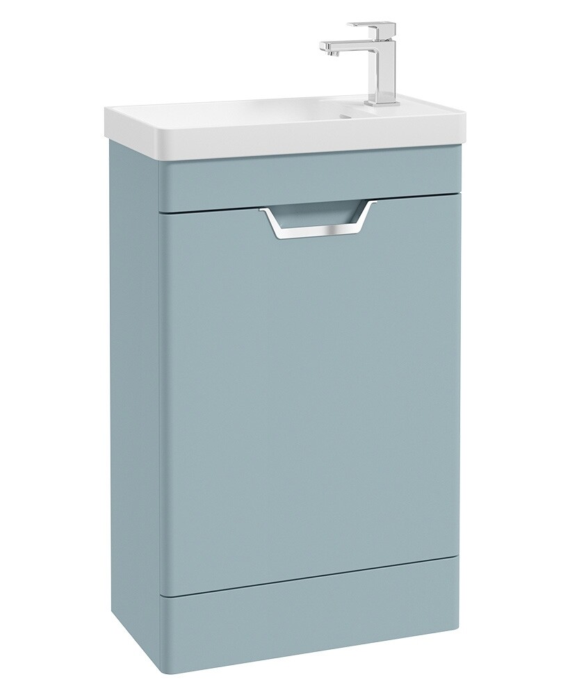 SONAS Freya 55cm Floor Standing Cloakroom Vanity Unit Morning Sky Blue Matt- Brushed Chrome Hardware