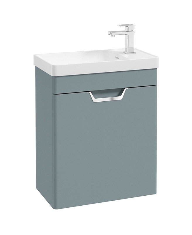 SONAS Freya 55cm Cloakroom Wall Hung Vanity Unit Coral Green Matt- Brushed Chrome Hardware