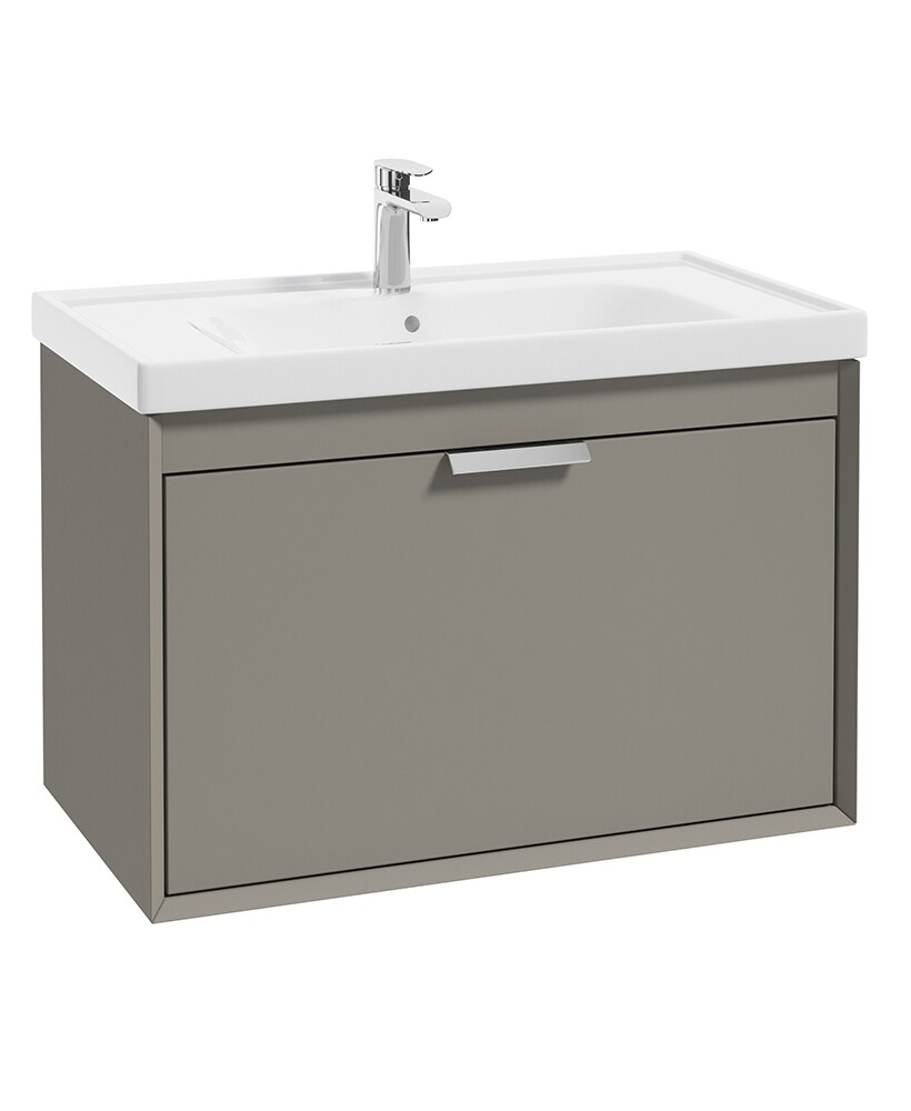 SONAS Fjord 80cm Wall Hung Vanity Unit Khaki Matt - Brushed Chrome Hardware SONAS Fjord 80cm Wall Hung Vanity Unit Khaki Matt - Brushed Chrome Hardware
