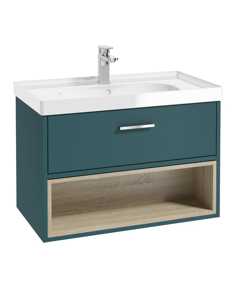 SONAS Malmo 80cm Wall Hung Vanity Unit with Gloss Basin Ocean Blue Matt - Brushed Gold Hardware
