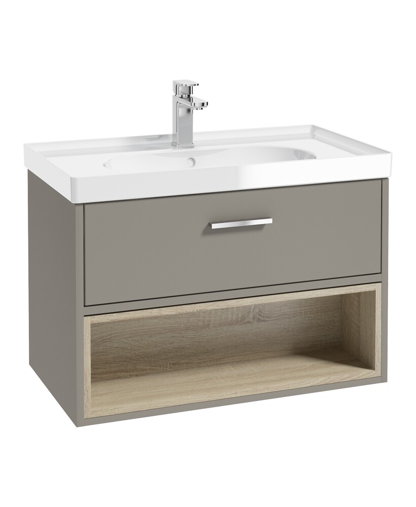 SONAS Malmo 80cm Wall Hung Vanity Unit with Gloss Basin Khaki Matt - Brushed Chrome Hardware