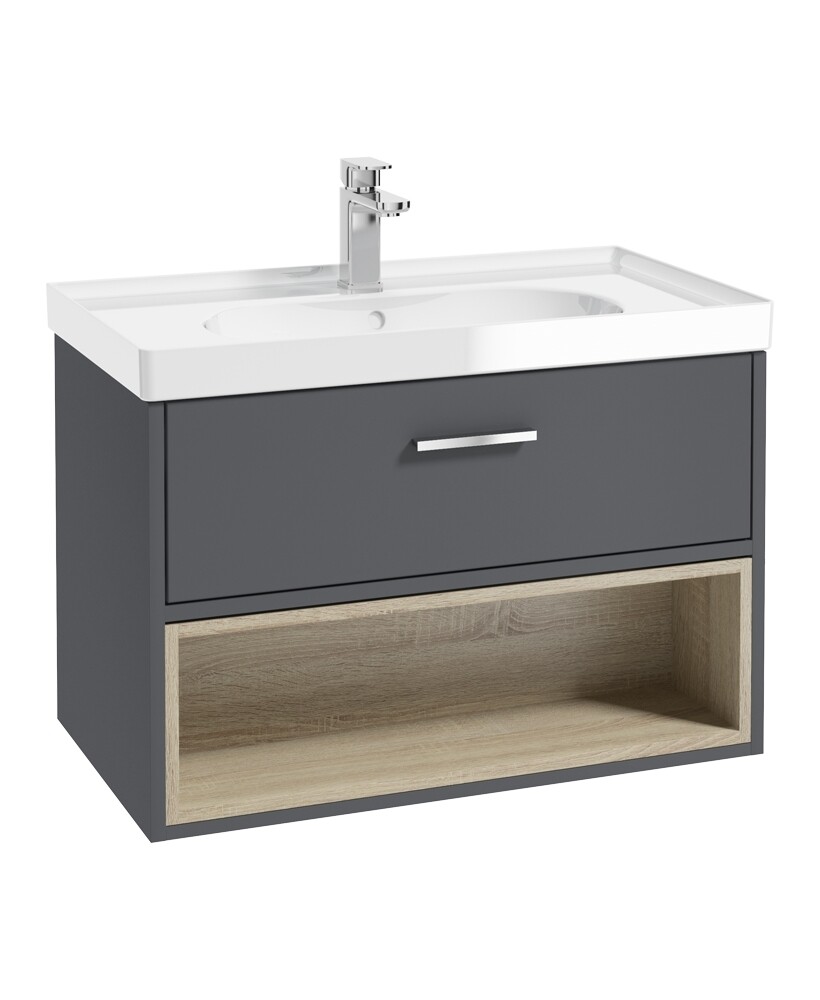 SONAS Malmo 80cm Wall Hung Vanity Unit with Gloss Basin Midnight Grey Matt - Brushed Chrome Hardware