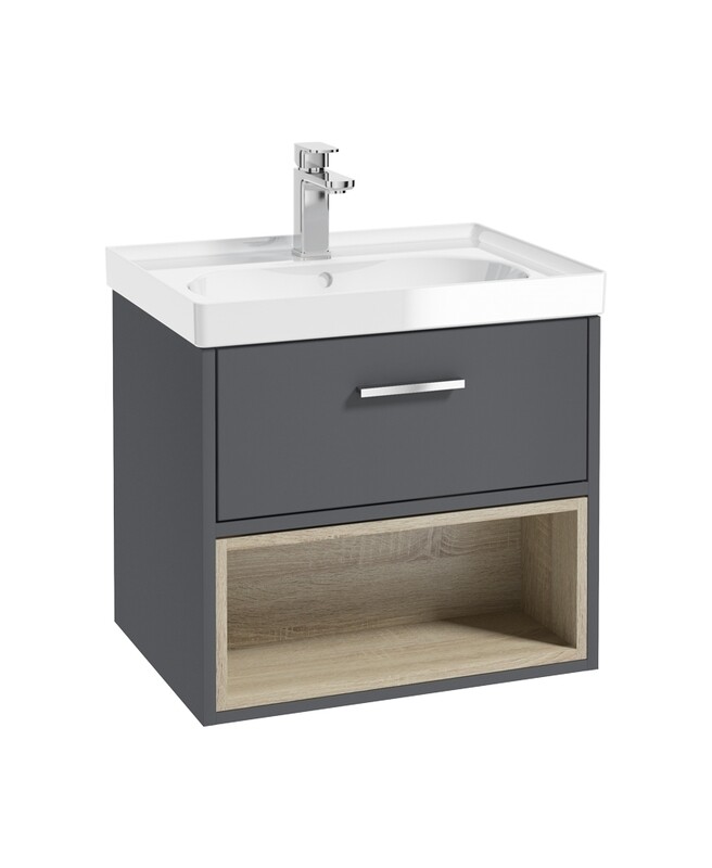 SONAS Malmo 60cm Wall Hung Vanity Unit with Gloss Basin Midnight Grey Matt - Brushed Chrome Hardware