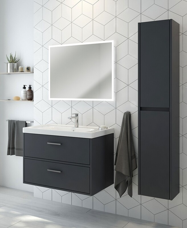 SONAS Finland 80cm 2 Drawer Wall Hung Vanity Unit Midnight Grey Matt- Brushed Chrome Hardware